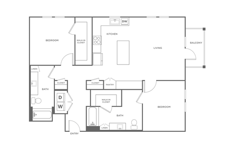 Floor plan for 2 beds, 2 baths, 1264 sqft